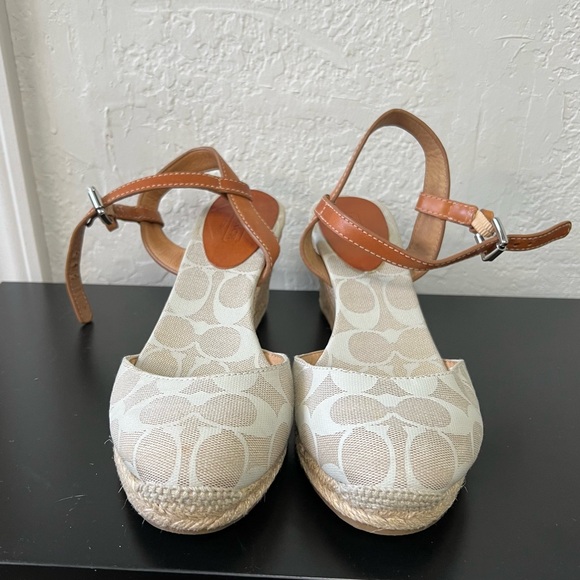 Coach Valerie Cream Tan Canvas Espadrilles Jute Wedges Orange Leather Size 8.5 - Picture 2 of 7